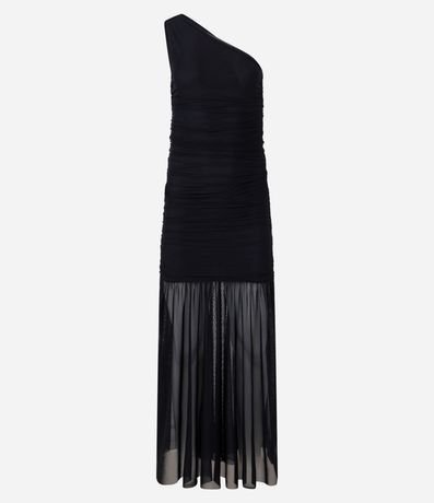 Vestido Largo en Tule con Drapeado y Pollera Transparente