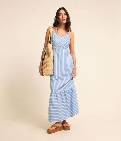 Vestido Midi en Tricolina Rayado con Bajo Fruncido