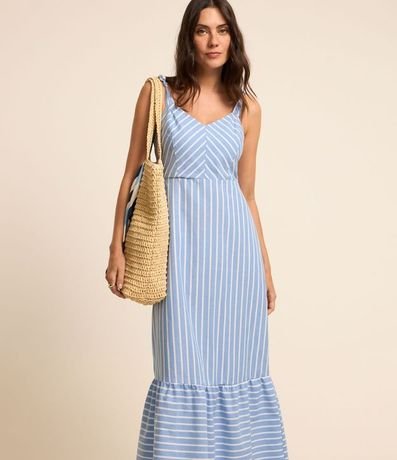 Vestido Midi en Tricolina Rayado con Bajo Fruncido 2