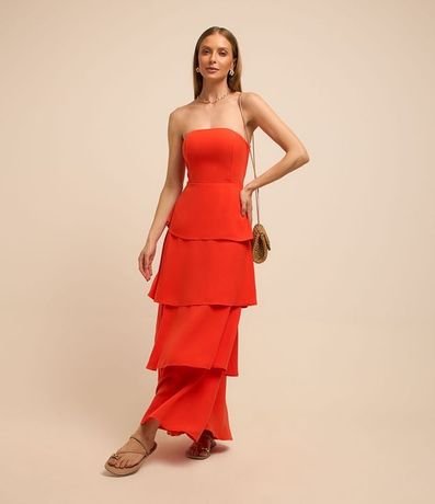 Vestido Largo sin Breteles en Crepé con Superposiciones