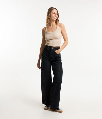 Pantalón Wide Leg en Jeans con Recortes y Bolsillos sin Solapa