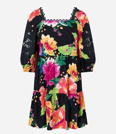 Vestido Corto en Viscosa Floral con Manga Abullonada Bordada 7