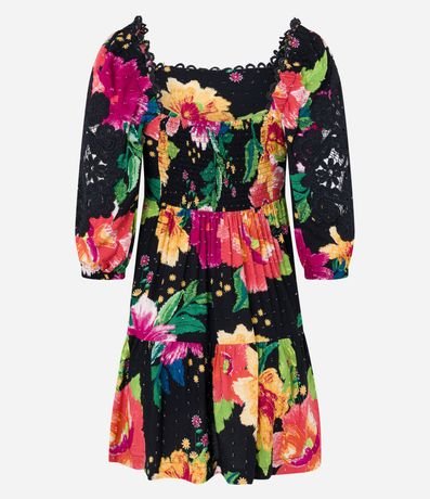 Vestido Corto en Viscosa Floral con Manga Abullonada Bordada 9