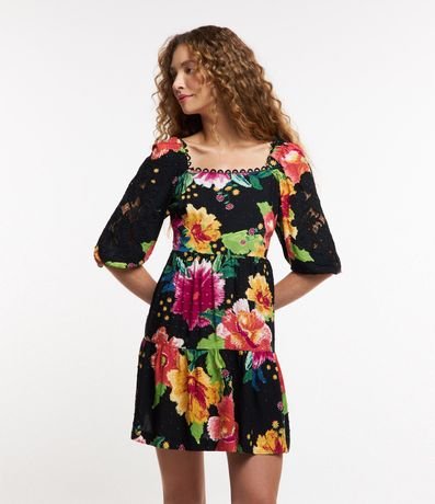 Vestido Corto en Viscosa Floral con Manga Abullonada Bordada 2