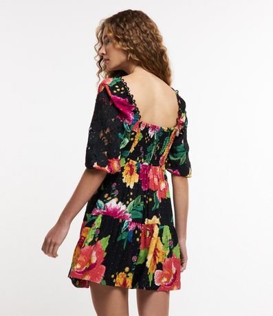Vestido Corto en Viscosa Floral con Manga Abullonada Bordada 3
