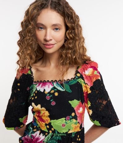 Vestido Corto en Viscosa Floral con Manga Abullonada Bordada 4