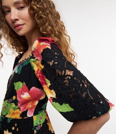 Vestido Corto en Viscosa Floral con Manga Abullonada Bordada 5