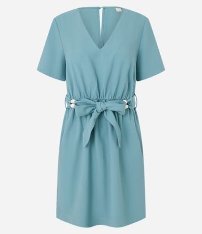 Vestido Corto en Viscosa con Cinturón Tejido con Abalorios 5