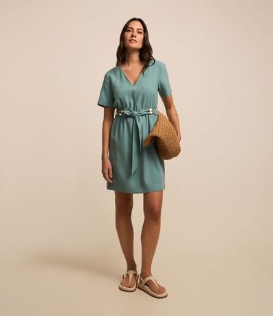 Vestido Corto en Viscosa con Cinturón Tejido con Abalorios