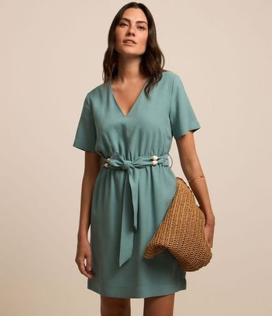 Vestido Corto en Viscosa con Cinturón Tejido con Abalorios 2
