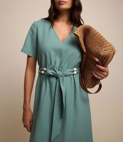 Vestido Corto en Viscosa con Cinturón Tejido con Abalorios 4