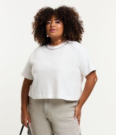 Blusa Cropped con Sisa Desplazada y Cristales en el Cuello Curve & Plus Size