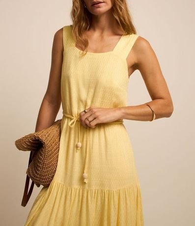 Vestido Midi Evasé sin Manga en Viscolino con Cinturón de Cordón y Detalles 4