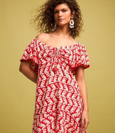 Vestido Corto en Viscosa y Lino con Estampa de Olas y Abalorios