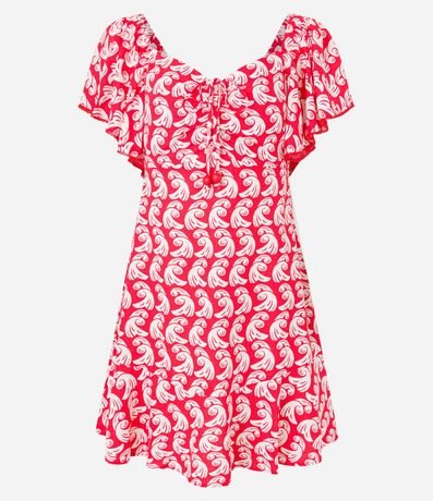 Vestido Corto en Viscosa y Lino con Estampa de Olas y Abalorios 5