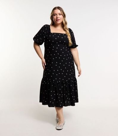 Vestido Midi en Crepé con Estampa de Corazones y Volado Curve & Plus Size