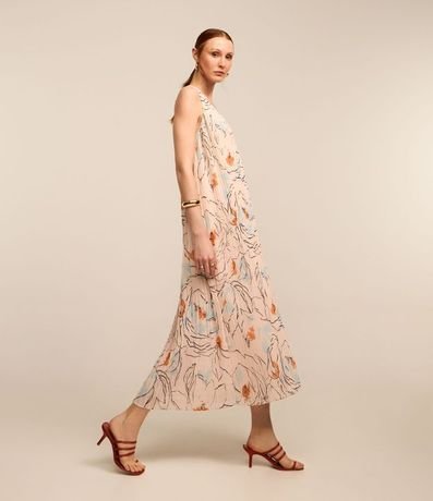 Vestido Midi en Chiffon con Textura Plegada y Estampa Floral