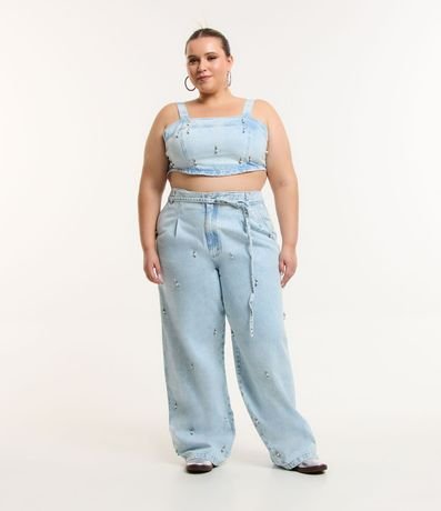 Pantalón Wide Leg en Jeans con Aplicaciones y Cordón Curve & Plus Size