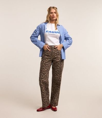 Pantalón Recto en Sarga con Estampado de Leopardo