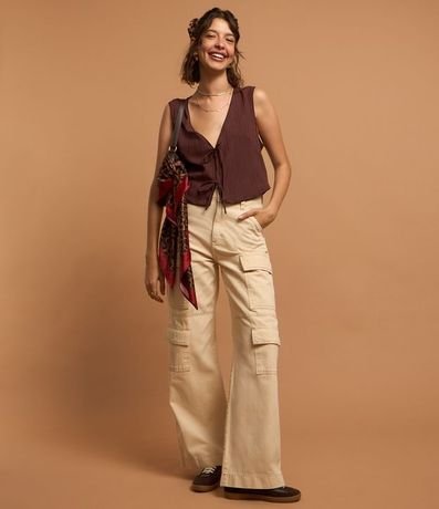 Pantalón Wide Leg Cintura Alta en Sarga con Bolsillos Cargo 5