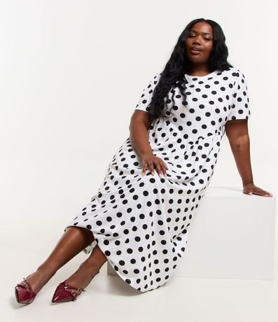 Vestido Midi en Algodón de Lunares con Recorte V en la Cintura Curve & Plus Size