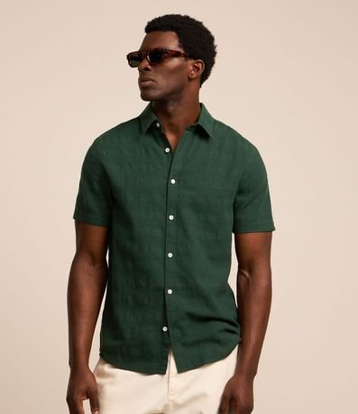 Camisa Regular en Lino con Textura Grid