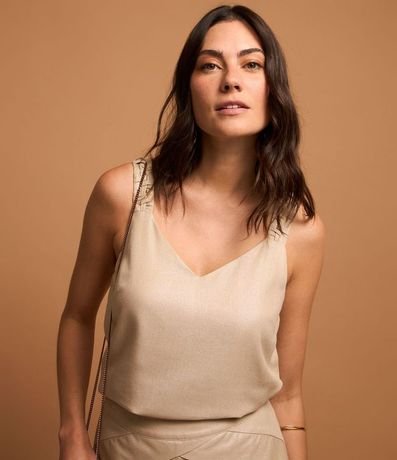 Blusa Musculosa en Viscosa con Foil y Detalle Trenzado