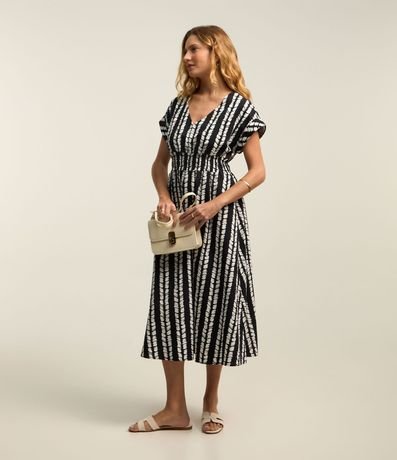 Vestido Midi en Tricolina con Lastex en la Cintura y Escote V 2