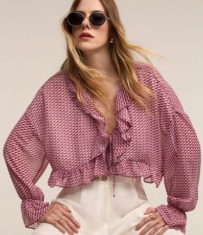 Blusa en Chiffon con Volados y Estampado Pied de Poule