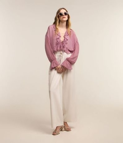 Blusa en Chiffon con Volados y Estampado Pied de Poule 3