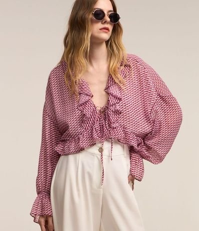 Blusa en Chiffon con Volados y Estampado Pied de Poule 4