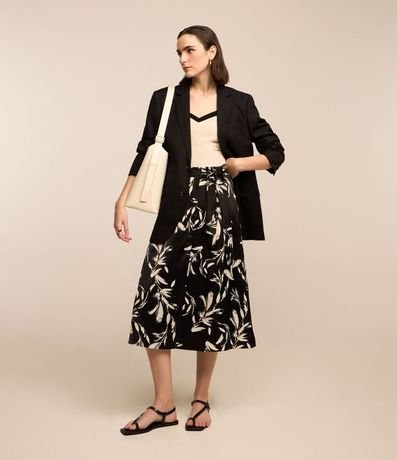 Pollera Midi en Tela Satinada con Lazo y Estampa Floral 1