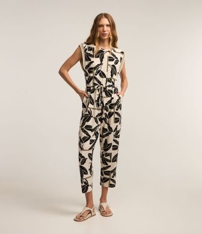 Mono en Viscosa con Detalle en la Sisa y Estampa de Follajes