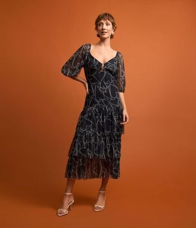 Vestido Midi en Tul con Volados en la Pollera y Estampado de Corazones 2