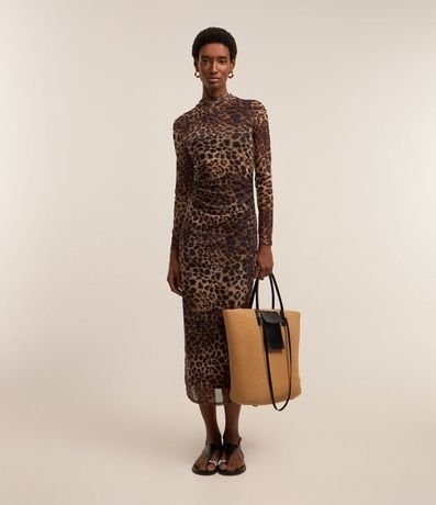 Vestido Midi en Tul con Drapeado Lateral y Estampa Leopardo