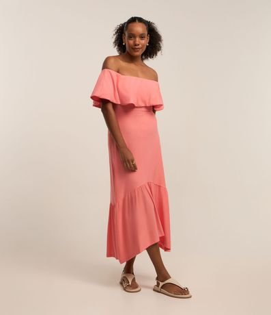 Vestido Hombro a Hombro New Midi en Viscosa con Volados
