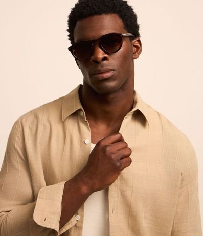 Camisa Regular en Lino con Textura Grid y Manga Larga 3