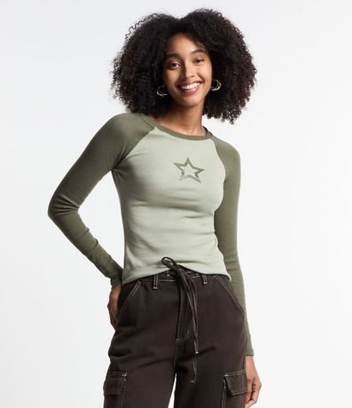 Blusa en Rib con Manga Raglán y Estampa de Estrella 1