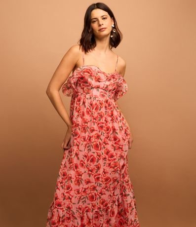 Vestido Midi en Chiffon con Volado en el Busto y Estampado Floral