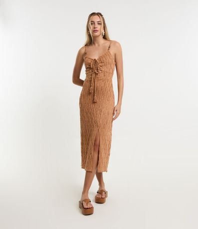 Vestido New Midi Texturizado con Abertura y Adornos en los Breteles