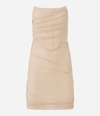 Vestido Corto sin Breteles en Tule con Fruncido y Brillo 7
