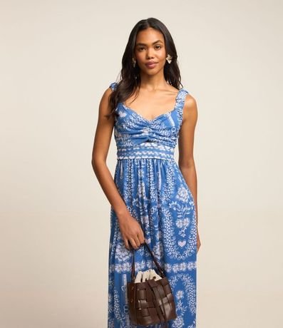 Vestido Midi en Tule con Escote Corazón y Estampa Étnica