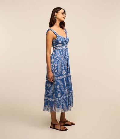 Vestido Midi en Tule con Escote Corazón y Estampa Étnica 2