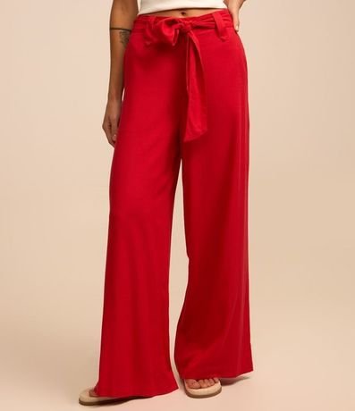 Pantalón Pantalona en Viscosa y Lino con Lazo en la Cintura y Recortes 3