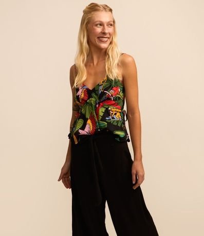 Pantalón Pantalona en Viscosa y Lino con Lazo en la Cintura y Recortes 2