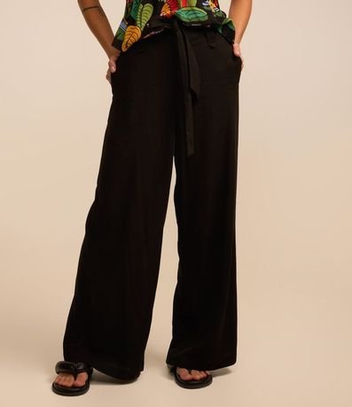 Pantalón Pantalona en Viscosa y Lino con Lazo en la Cintura y Recortes 3