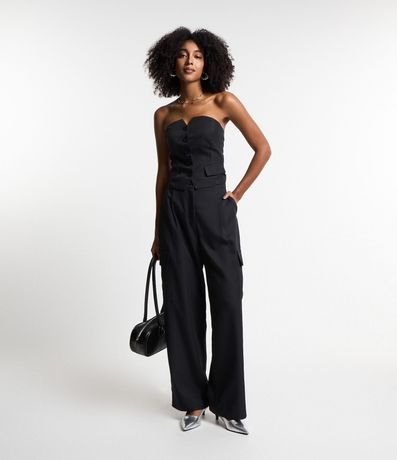 Pantalón Recto Sastrería con Raya de Tiza y Bolsillos Cargos