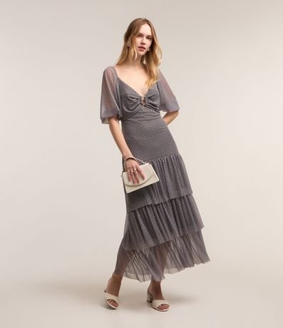 Vestido Midi en Tul con Estampa Abstracta y Volados 2