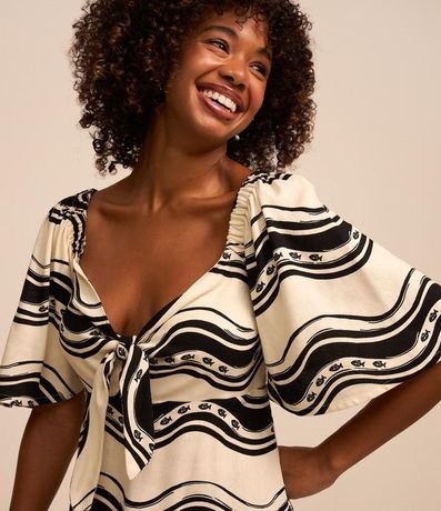 Vestido Corto en Viscosa y Lino con Estampa de Olas 1