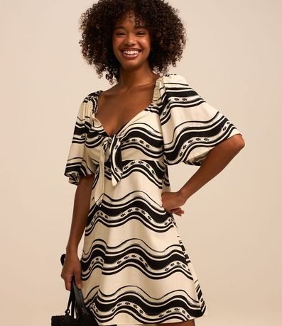 Vestido Corto en Viscosa y Lino con Estampa de Olas 3